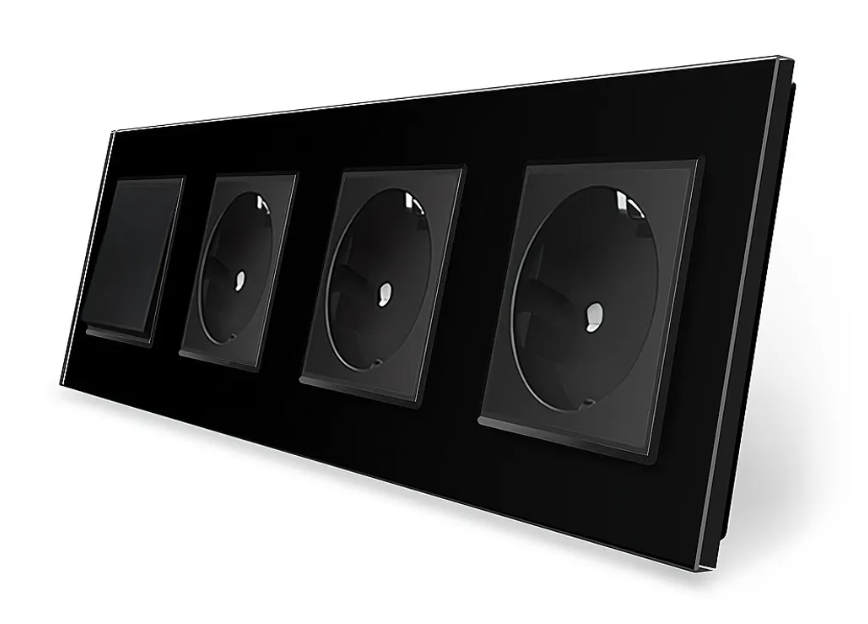 Фото Одноклавішний вимикач із потрійною розеткою чорне скло Livolo