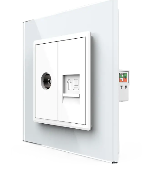 Фото Розетка компьютерная RJ-45 и ТВ розетка белое стекло Livolo