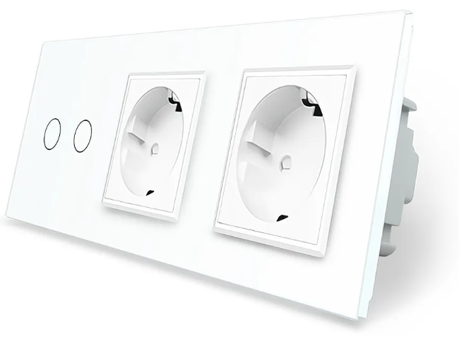 Фото Сенсорный проходной перекрестный выключатель 2 сенсора 2 розетки белое стекло Livolo