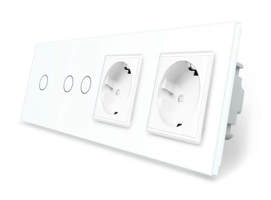 Фото Сенсорний вимикач 3 сенсори 2 розетки біле скло 1-2 Livolo