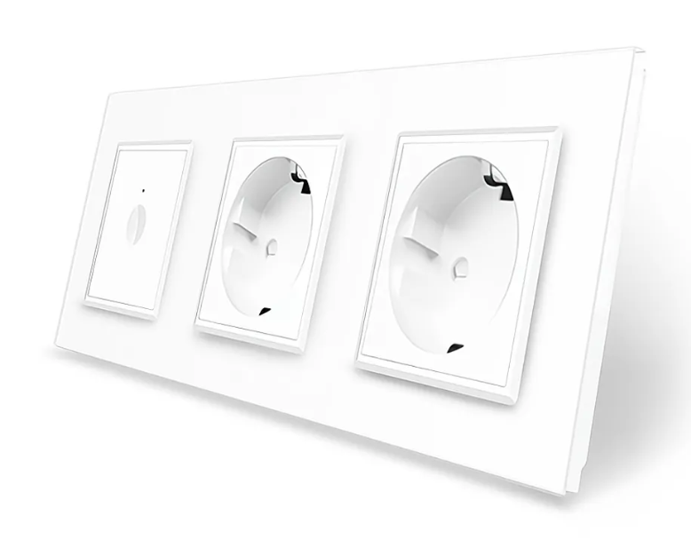Фото Сенсорный выключатель Sense 1 сенсор 2 розетки белое стекло Livolo