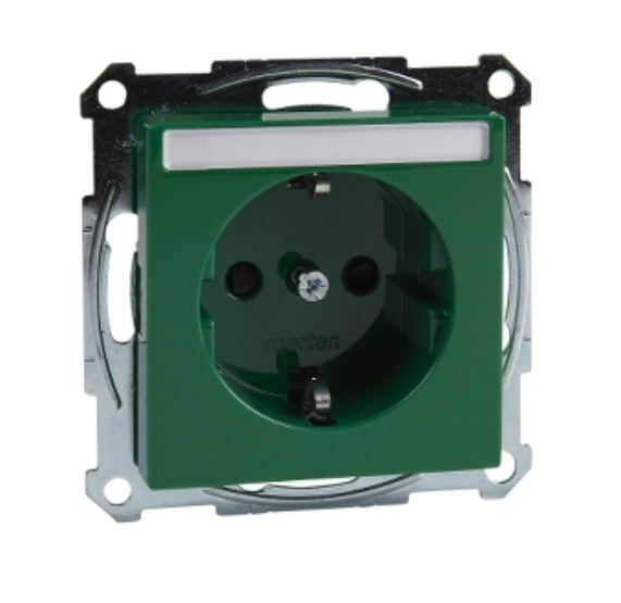 Фото Розетка Schuko с заземлением с защитными шторками и полем для надписи MTN2302-0304 зеленая