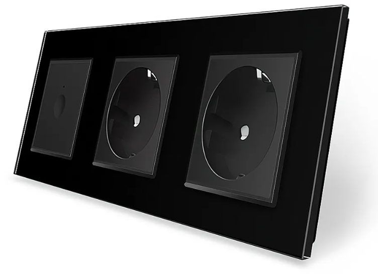 Фото Сенсорный проходной выключатель Sense 1 сенсор 2 розетки черное стекло Livolo