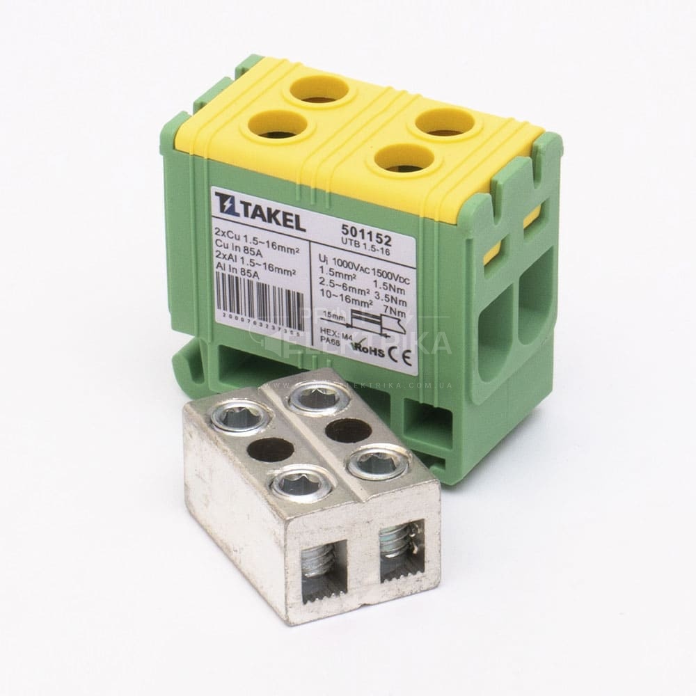 Фото Клема силова ввідна подвійна UTB 1,5-16 жовто-зелений TAKEL
