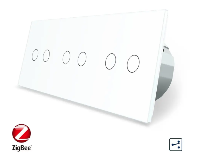 Фото Розумний сенсорний прохідний вимикач ZigBee 6 сенсорів 2-2-2 біле скло Livolo