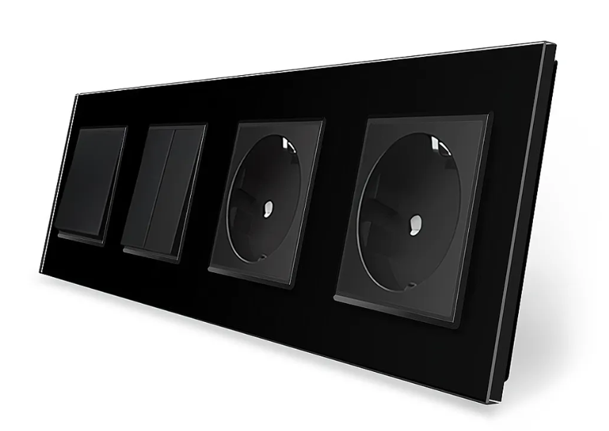 Фото Триклавішний вимикач 1-2 із подвійною розеткою чорне скло Livolo