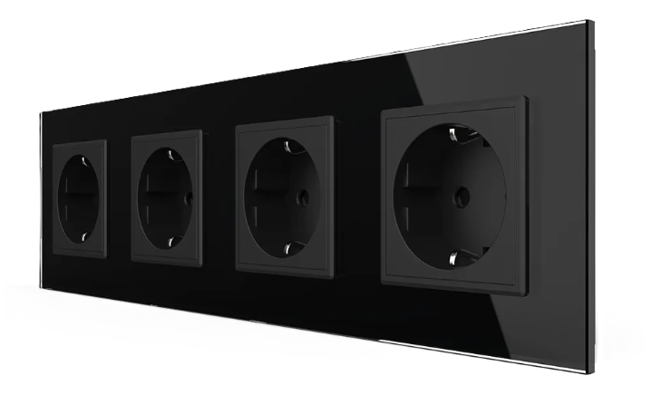 Фото Розетка чотиримісна із заземленням чорне скло Livolo