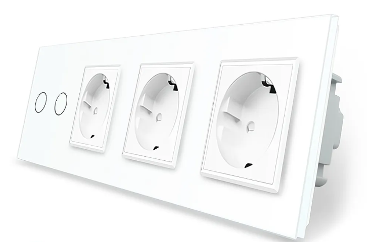 Фото Розумний сенсорний ZigBee вимикач 2 сенсори 3 розетки біле скло Livolo