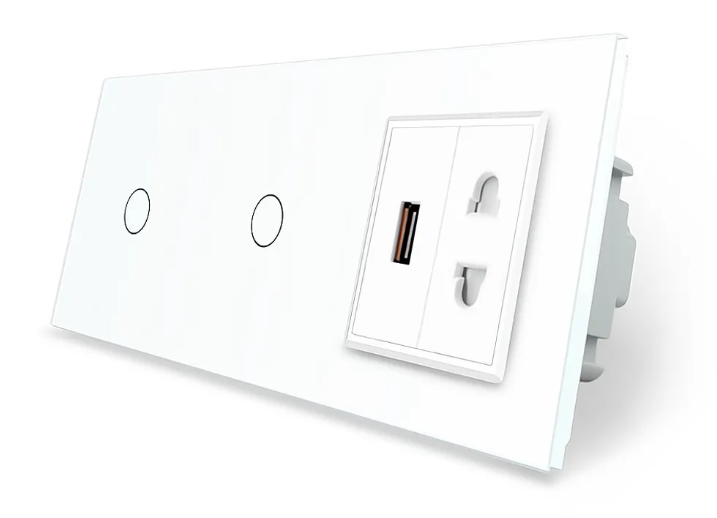Фото Сенсорный выключатель 1-1 2 сенсора 1 USB 1 розетка универсальная белое стекло Livolo