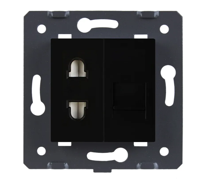 Фото 2 Механизм универсальная розетка и компьютерная розетка RJ-45 черный Livolo