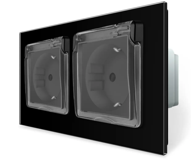 Фото 2 Розетка двойная влагозащитная с крышкой черное стекло Livolo