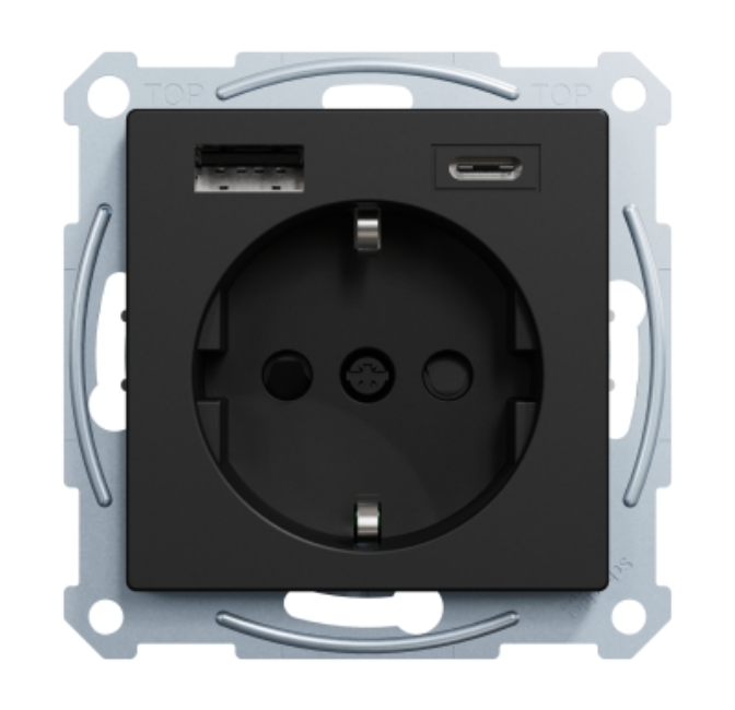 Фото Розетка с двойной USB-зарядкой 3 А тип А+С Merten System M черный матовый