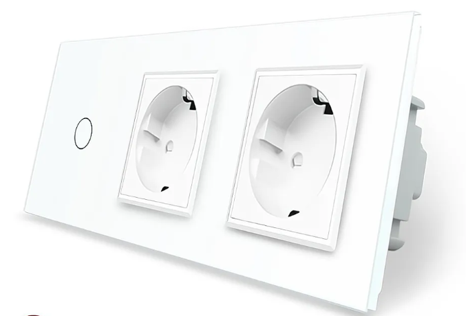 Фото Розумний сенсорний ZigBee вимикач 1 сенсор 2 розетки біле скло Livolo