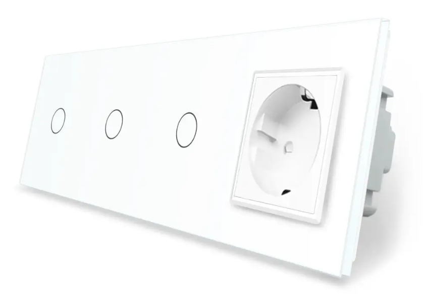 Фото Сенсорний вимикач 3 сенсора 1 розетка біле скло 1-1-1 Livolo