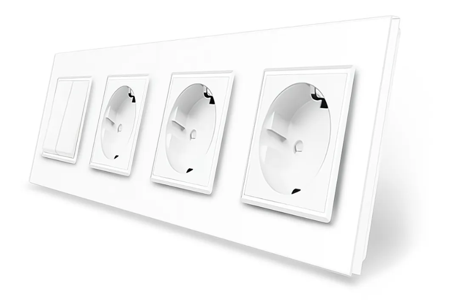 Фото Двухклавишный выключатель с тройной розеткой белое стекло Livolo