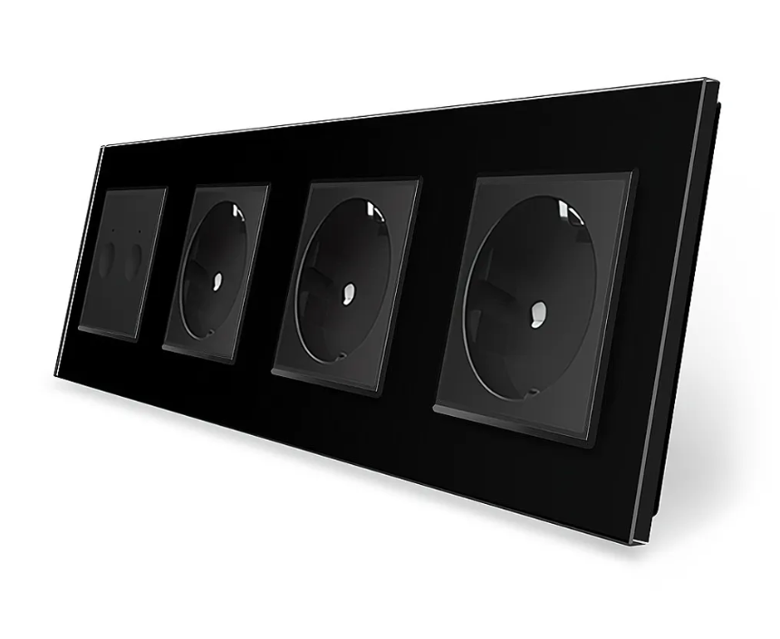Фото Сенсорный выключатель Sense 2 сенсора 3 розетки черное стекло Livolo