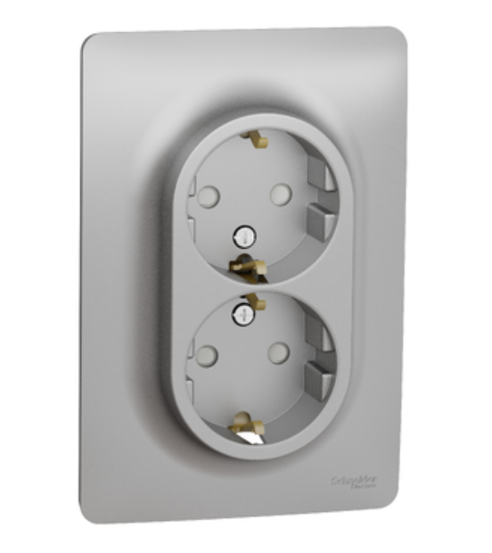 Фото Розетка двойная с заземлением со шторкам винтовой зажим алюминий UNICA NEW Schneider Electric