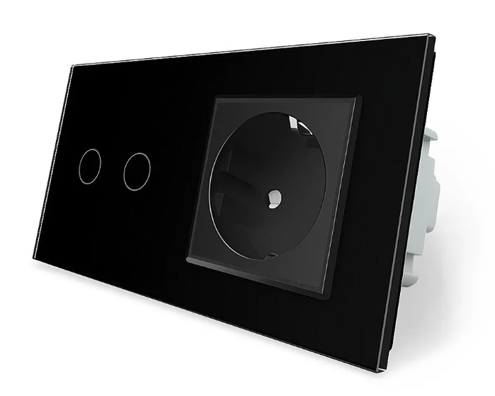 Фото Сенсорний прохідний перехресний вимикач 2 сенсори 1 розетка чорне скло Livolo