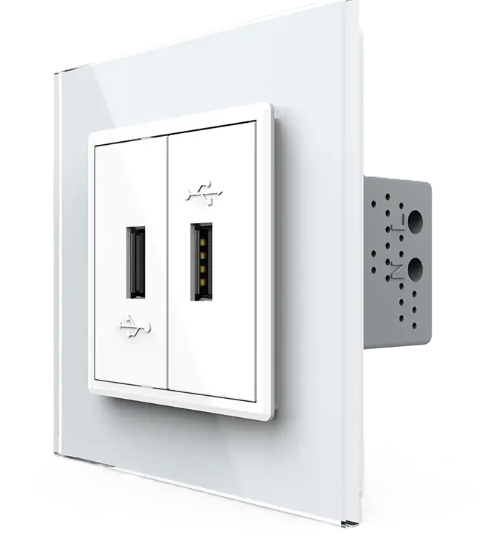 Фото Розетка подвійна USB із блоком живлення біле скло Livolo