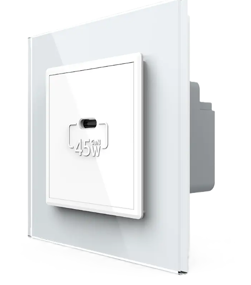 Фото Розетка USB Type-C с Power Delivery 45W белое стекло Livolo