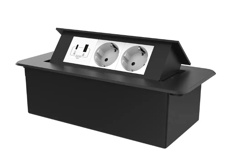 Фото Мебельная розетка с USB-A USB-С плавное открытие Power Delivery 36W белый в черном Livolo