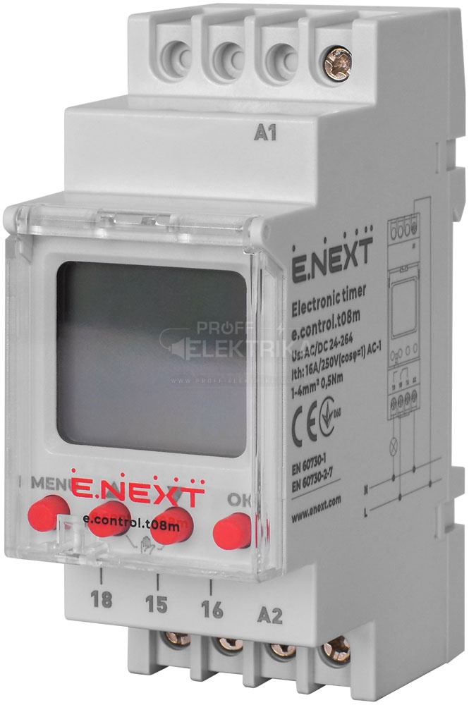 Фото Реле времени цифровой суточный Т08 16А 230В с аккумулятором E-NEXT