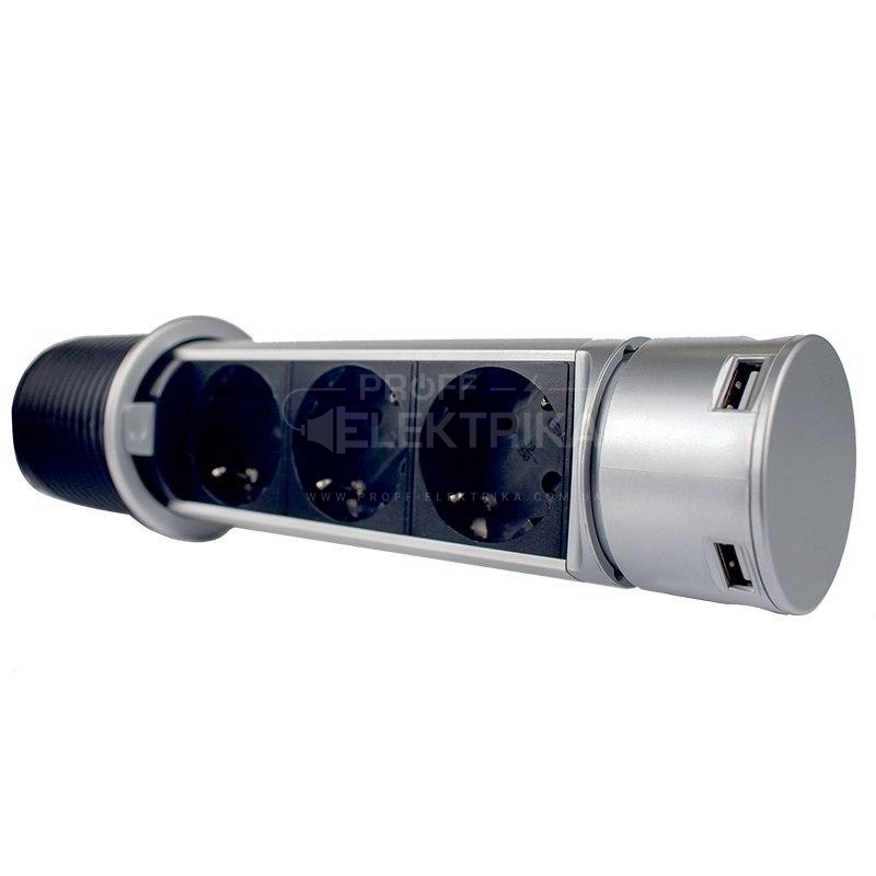 Фото Меблева розетка вертикальна 3 x 16 А  2 x USB 2,4 А провід 3 x 1.5 mm²