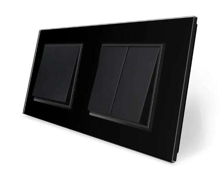 Фото Трехклавишный выключатель 1-2 черное стекло Livolo