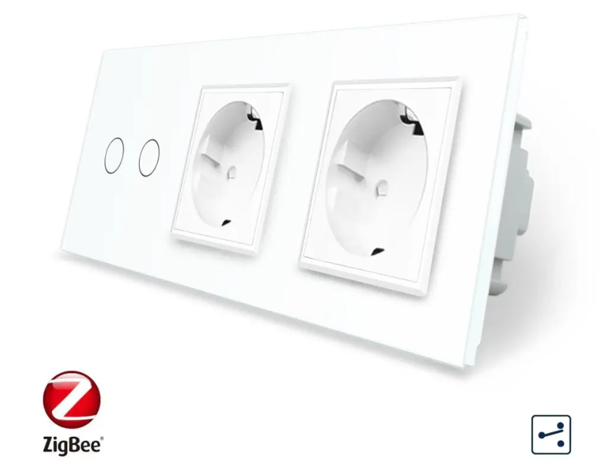 Фото Розумний сенсорний прохідний вимикач ZigBee 2 сенсора 2 розетки біле скло Livolo