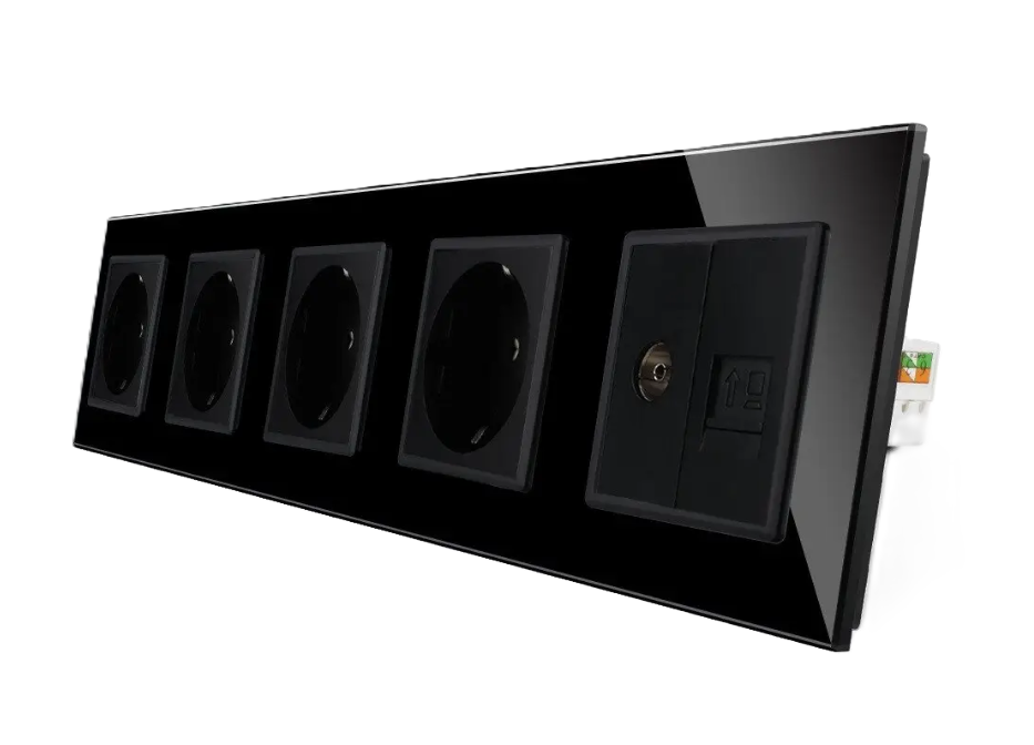 Фото Розетка пятиместная комбинированная силовая интернет ТВ черное стекло Livolo