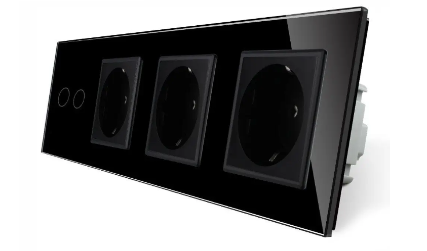 Фото Сенсорний вимикач 2 сенсори 3 розетки чорне скло Livolo