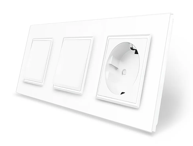 Фото Двухклавишный выключатель 1-1 с розеткой белое стекло Livolo