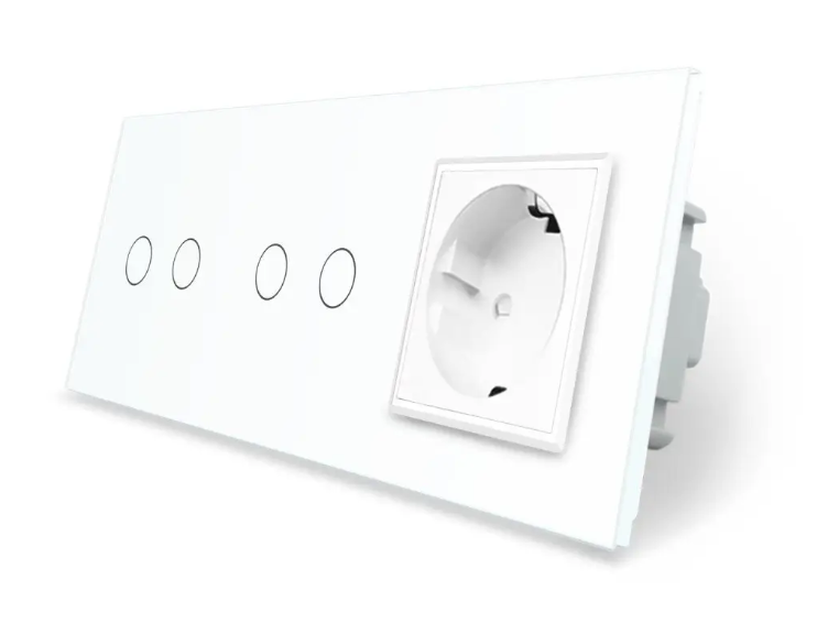 Фото Сенсорный выключатель 4 сенсора 2-2 1 розетка белое стекло Livolo