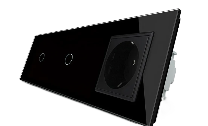 Фото Умный сенсорный ZigBee выключатель 1-1 2 сенсора 1 розетка черное стекло Livolo