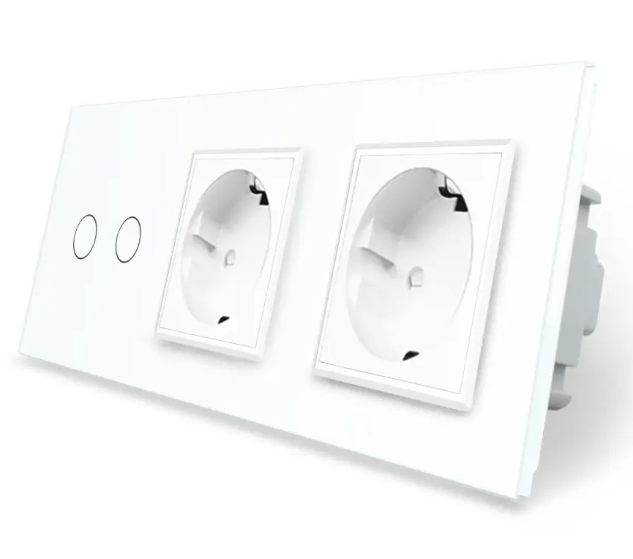 Фото Сенсорный выключатель 2 сенсора 2 розетки белое стекло Livolo