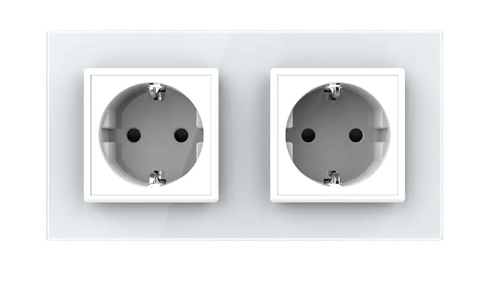 Фото Розетка подвійна із заземленням біле скло Livolo