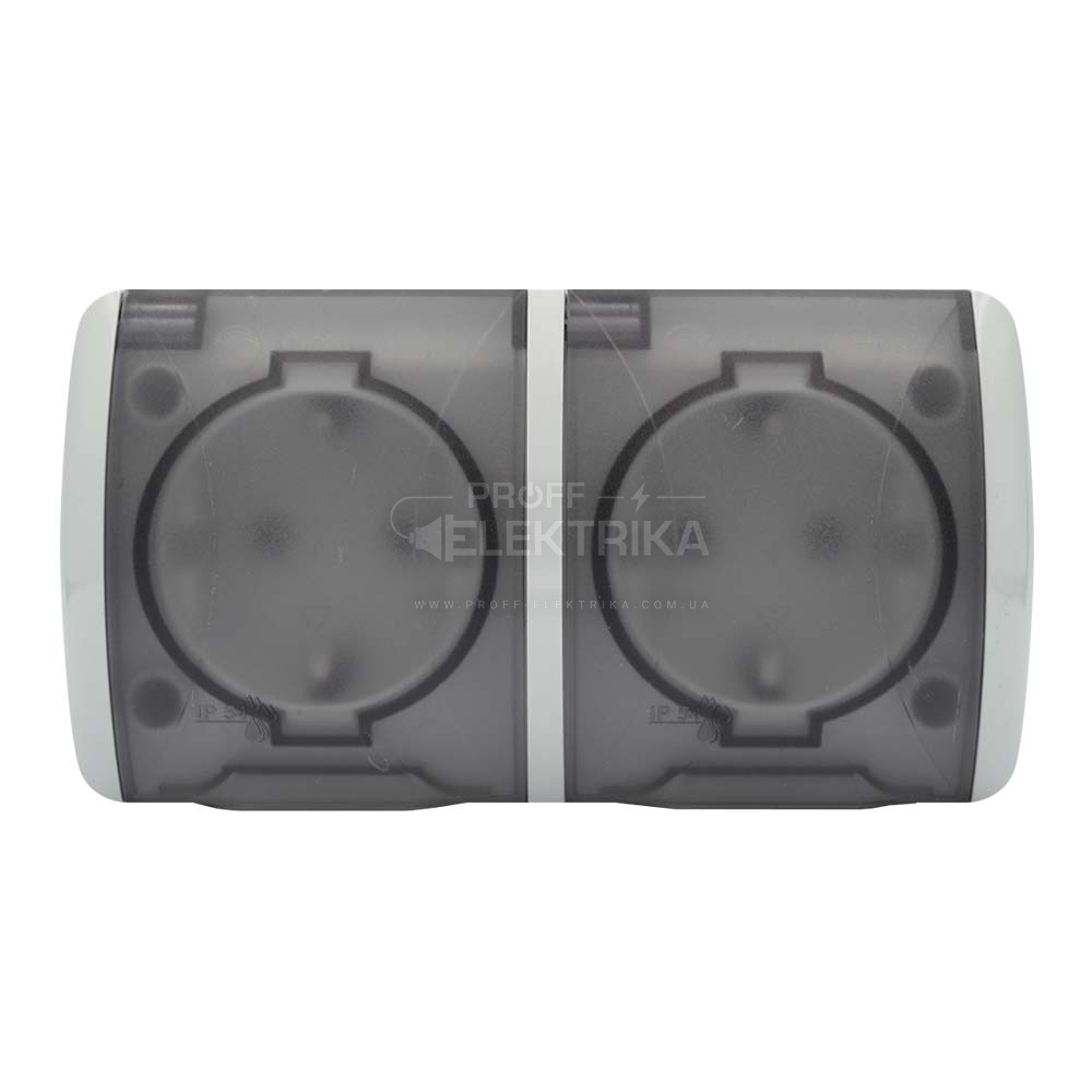 Фото Розетка двойная с заземлением белая с прозрачной крышкой IP54 EVA