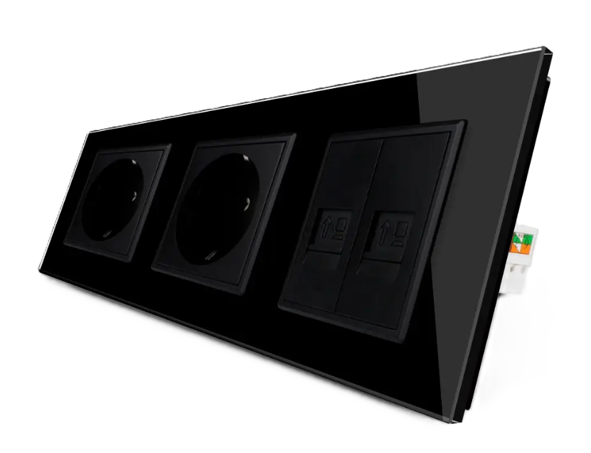 Фото Розетка трехместная комбинированная силовая 2 интернет черное стекло Livolo
